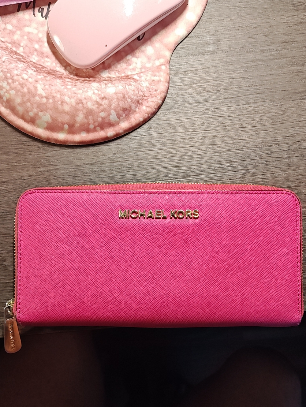 Michael Kors Hot Pink Zip-Around Saffiano Wallet with Gold Logo